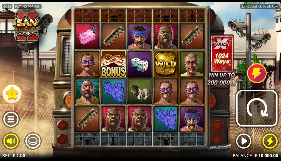 San Quentin 2 base 5x4 grid with Enhancer Cell rows top and bottom, 1024 Ways, WIN UP TO 200,000X, and the prison-bus theme