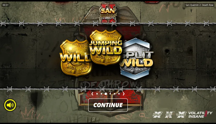 San Quentin 2 feature-symbol slide showing Wild, Jumping Wild and Split Wild side by side
